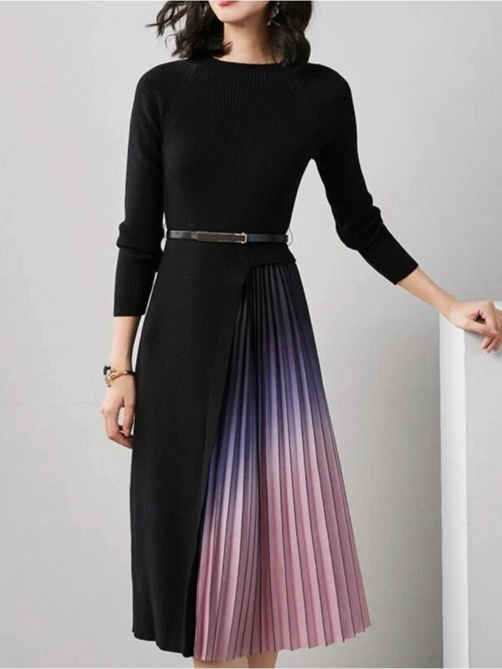 Dalia Macphee Midi Dress with Brown-to-Cream Ombre Pleated Skirt